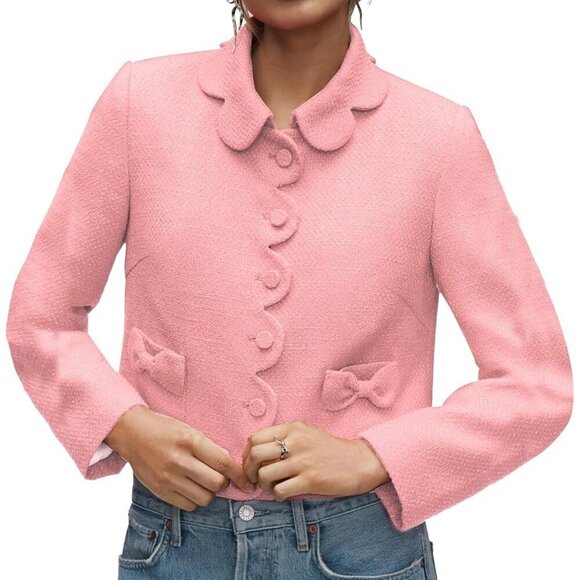 Women's Petal Bow Tweed Blazers Long Sleeve Cropped Fall Open Front - Picture 1 of 4